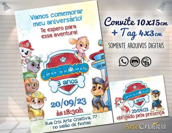 Convite Digital C/tag Patrulha Canina Aquarela 2
