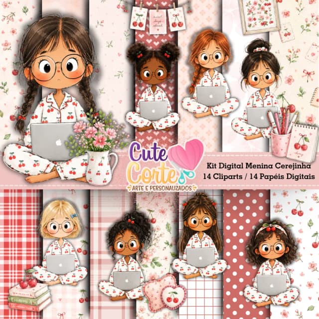 Kit Digital - Meninas Cerejinhas (14 Papéis Digitais + 14 Cliparts)