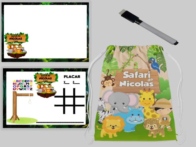 Kit Mochila e Lousa Magica para lembrancinhas Safari