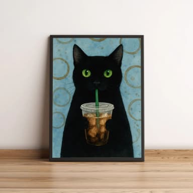 Quadro Gato Preto com Bebida Gelada e Fundo Azul 2703