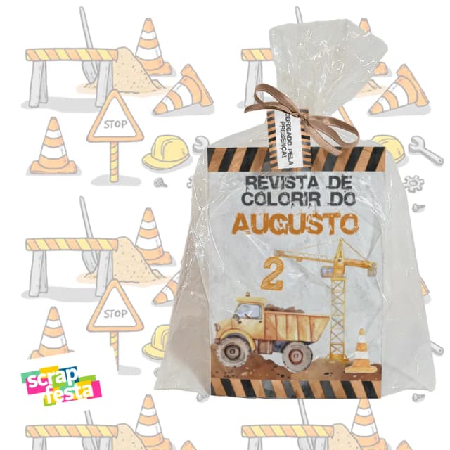 Revista Colorir+saquinho+fitinha+tag Festa Construção