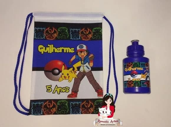 Mochila com Squeeze Personalizado Pokemon Azul