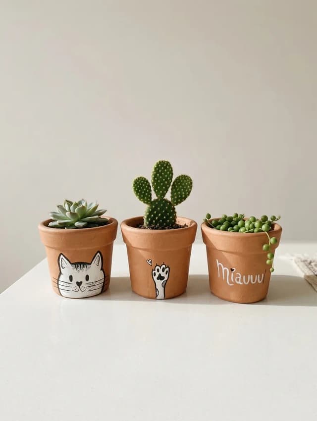 Kit 3 Mini Vasos Cachepô de Barro Gatinho Miau Preto e Branco 7cm
