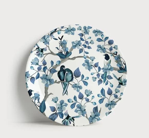 Prato Decorativo Pássaros Azuis e Natureza - Porcelana 21cm