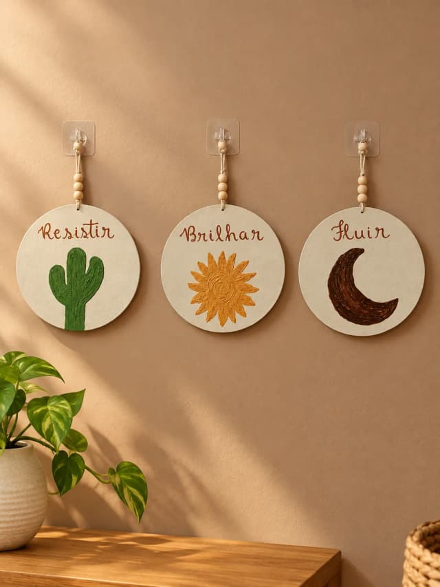 Trio Placas Decorativas Parede Boho Cacto Sol Lua MDF Kit 3 Peças 20cm