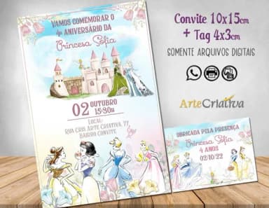 Convite Digital C/tag Princesas Disney Aquarela