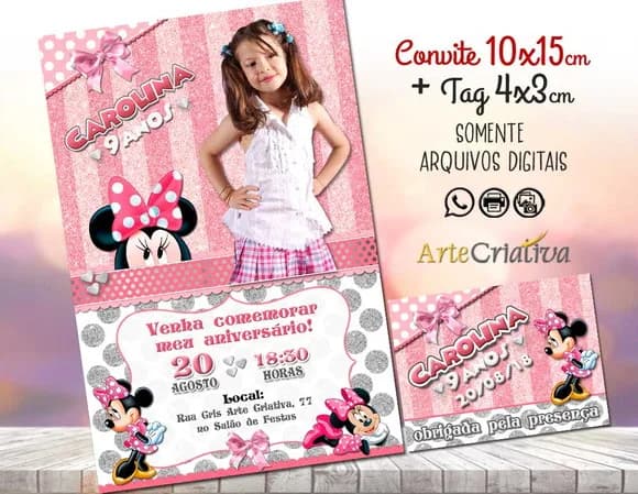 CONVITE DIGITAL C/TAG Minnie Rosa Glitter