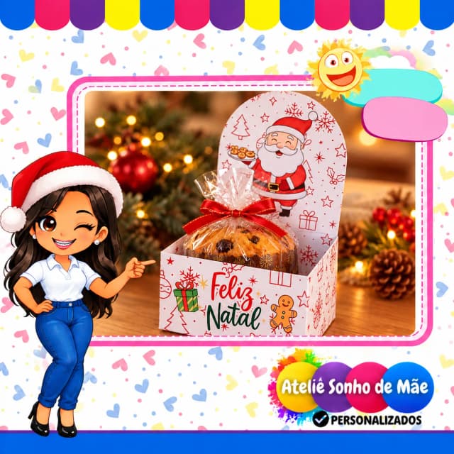 Caixa Natalina Personalizada com Panetone Tema Papai Noel
