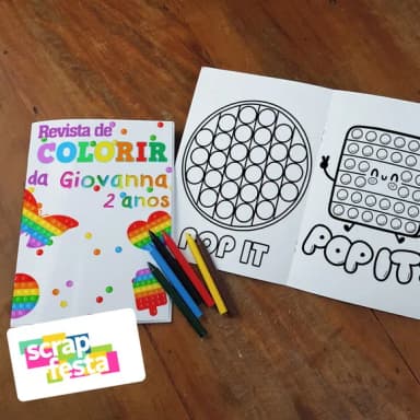 Revista Colorir + Giz Cera Personalizado Festa Pop It