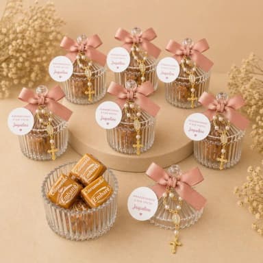Mini Bombonier de Acrílico com Bala de Caramelo + Mini Terço