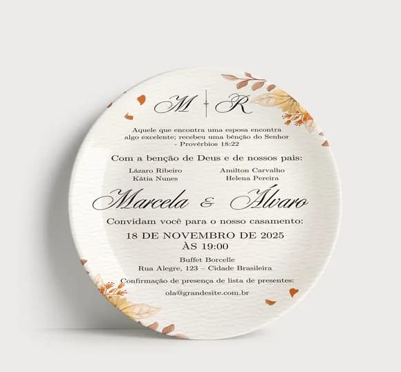 Convite Casamento Prato Porcelana Boho Terracota Rústico
