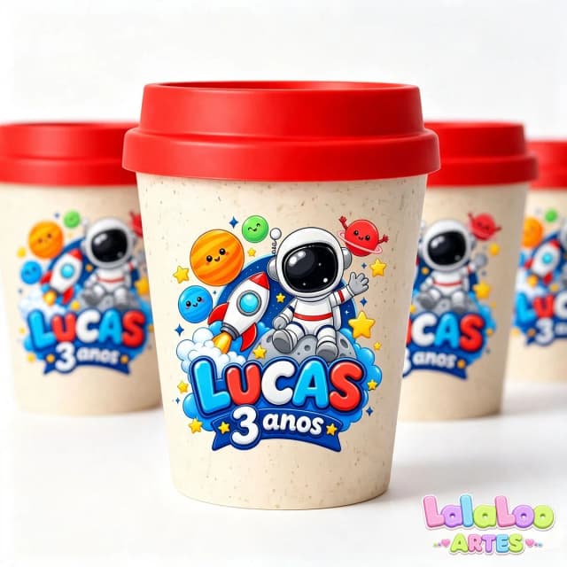Mini Copo Astronauta Eco Madeira 250ml com Tampa Bucks Primeira Volta ao Sol