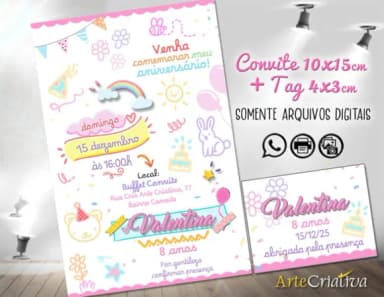 Convite Digital C/tag Arco-íris e Desenhos Candy Color