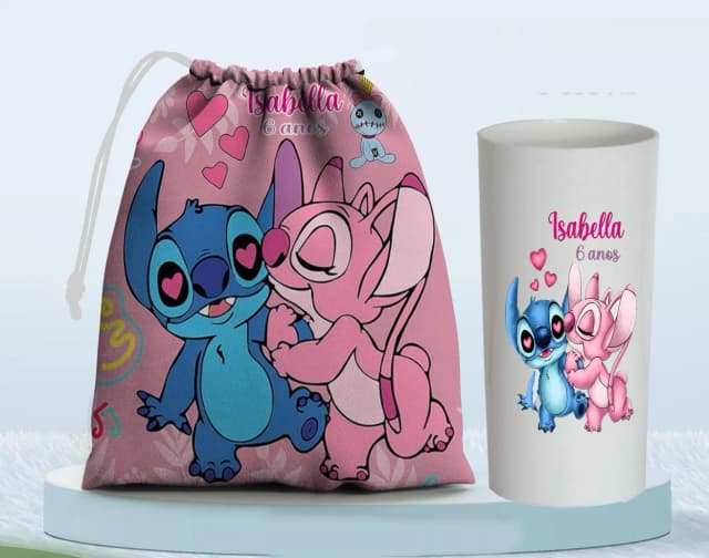 Kit Saquinho Surpresa e Copo Long Drink Personalizado do Sticth