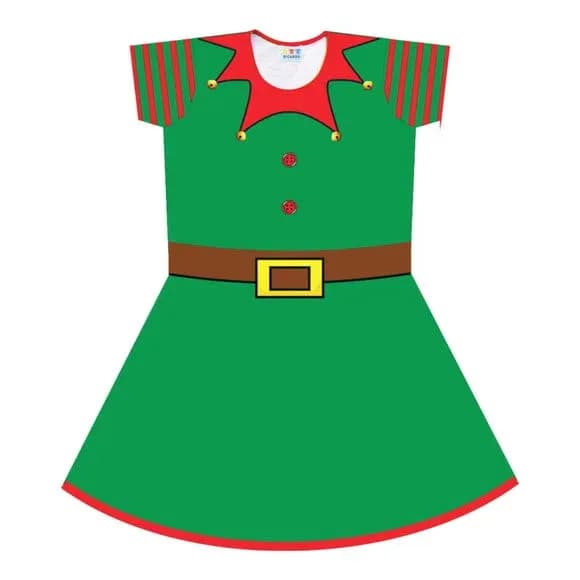Vestido Infantil Fantasia Duende Ajudante de Natal Verde e Vermelho com Gola de Guizos
