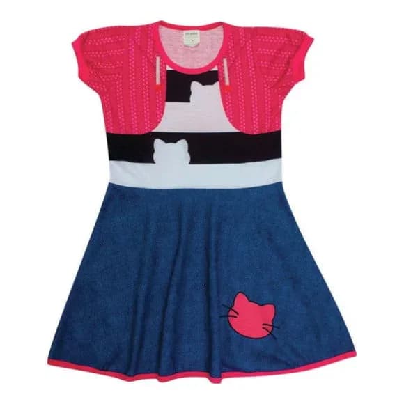 Vestido Infantil Fantasia Gatinha com Colete Rosa e Saia Jeans
