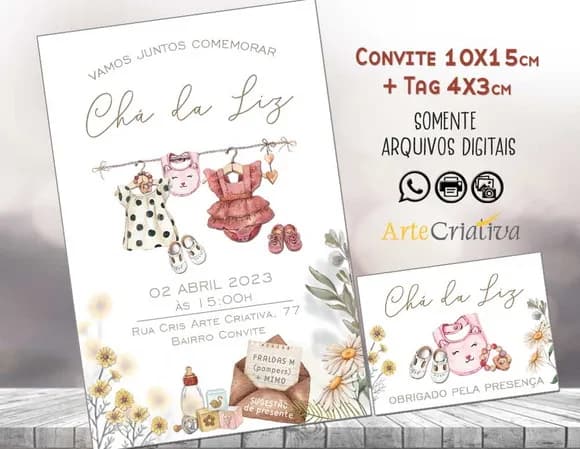 Convite Digital C/tag Chá de Bebê Menina Roupinha Boho 1