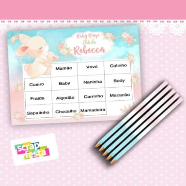 Kit Bingo + Lápis Festa Chá de Menina Coelha Cute Aquarela
