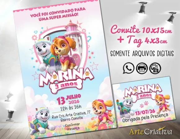Convite Digital C/tag Patrulha Canina Skye