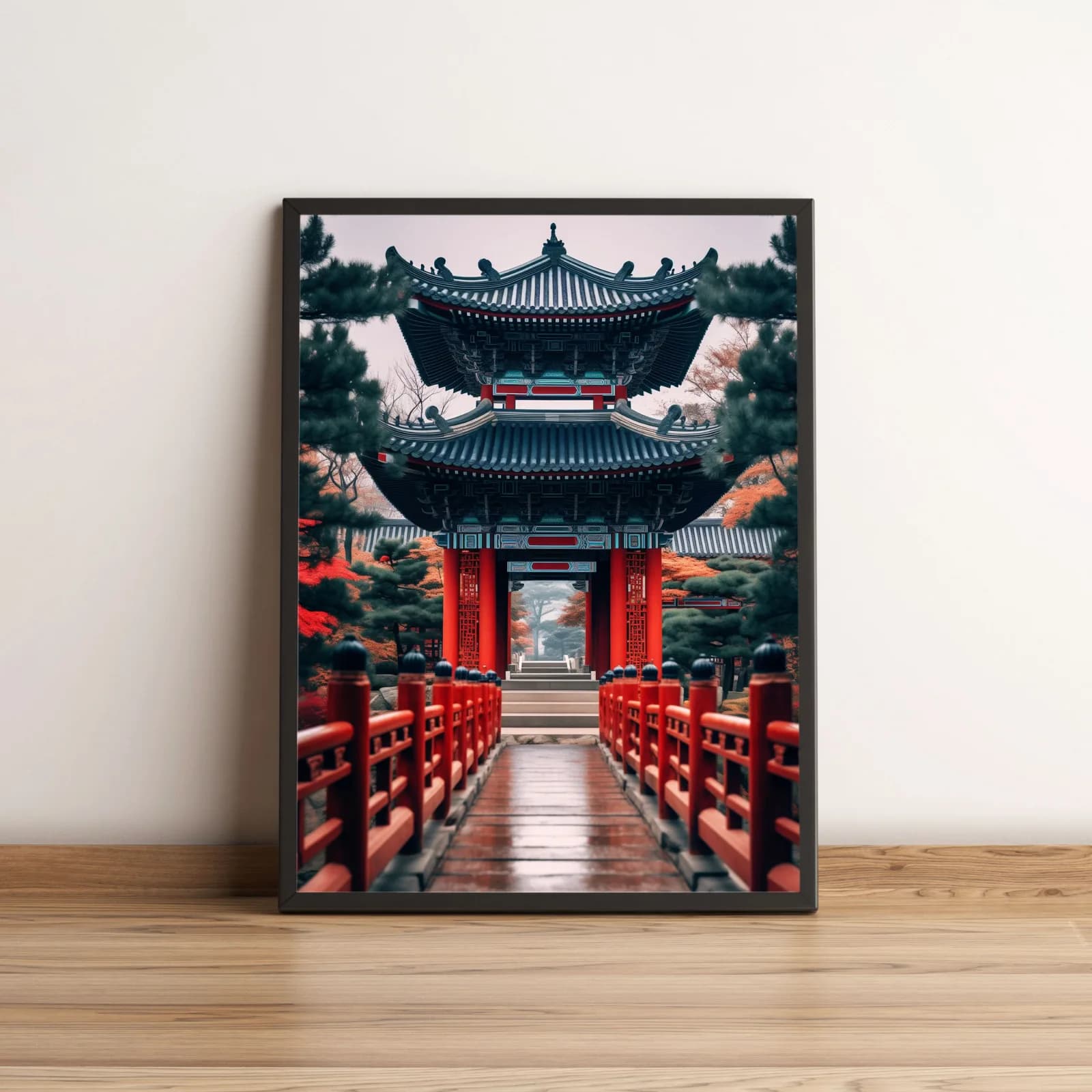 Quadro Portal Japonês Tradicional com Ponte Vermelha 2705