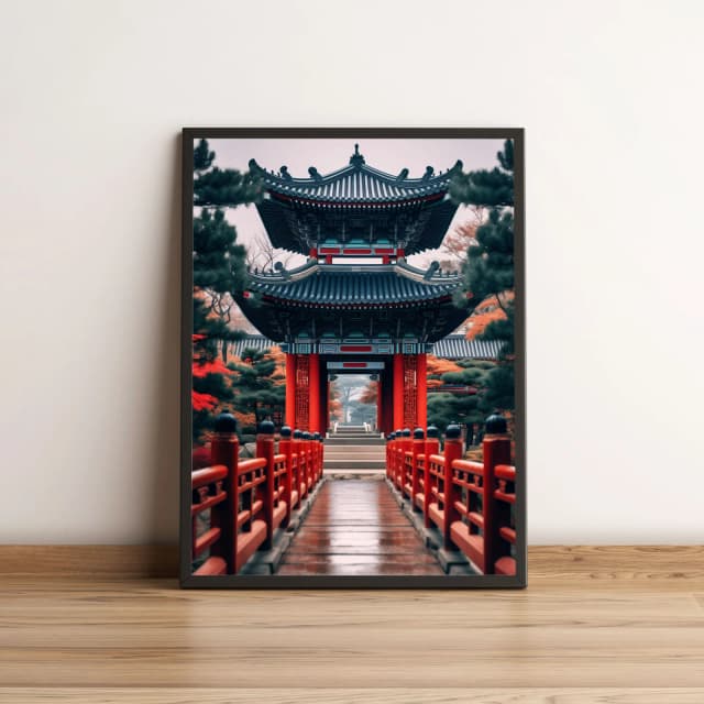 Quadro Portal Japonês Tradicional com Ponte Vermelha 2705