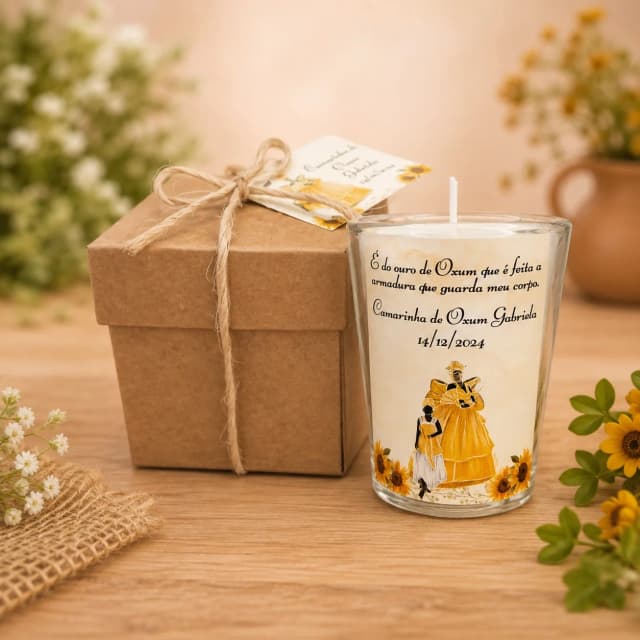 25 Unidades Vela Aromática no Copo Personalizada Orixá Oxum - TRABALHAMOS COM QUALQUER TEMA