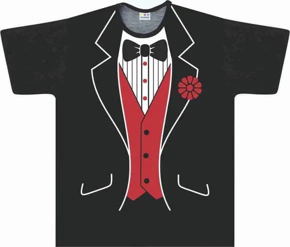 Camiseta Adulto Fantasia Smoking de Gala com Colete Vermelho e Gravata Borboleta
