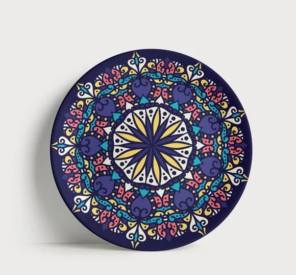 Prato Decorativo Mandala Real Marinho e Amarelo 21cm Porcela