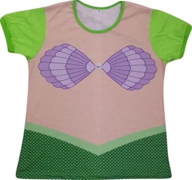 Camiseta Infantil Fantasia Sereia Escamas Verdes com Biquíni de Conchas Roxas