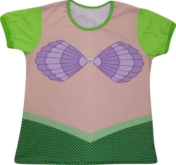 Camiseta Infantil Fantasia Sereia Escamas Verdes com Biquíni de Conchas Roxas