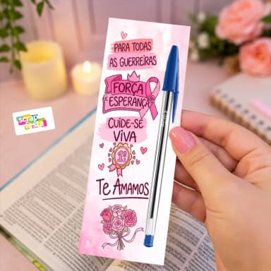 Brinde Marca Página Personalizado e Caneta Azul Outubro Rosa Brinde
