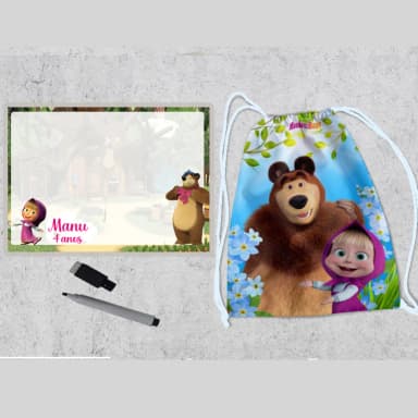 Kit Lembrancinhas da Marsha e o Urso mochilinha e lousa magica infantil personalizada