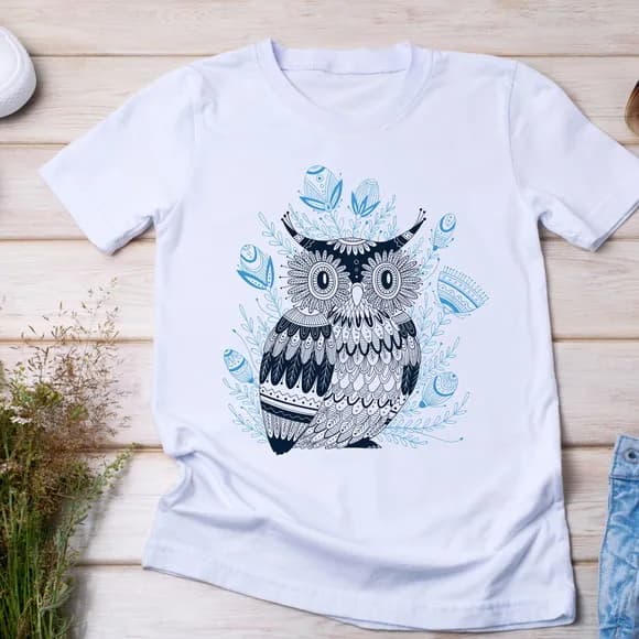 Camiseta Coruja - Desenho Geométrico e Tribal em Azul