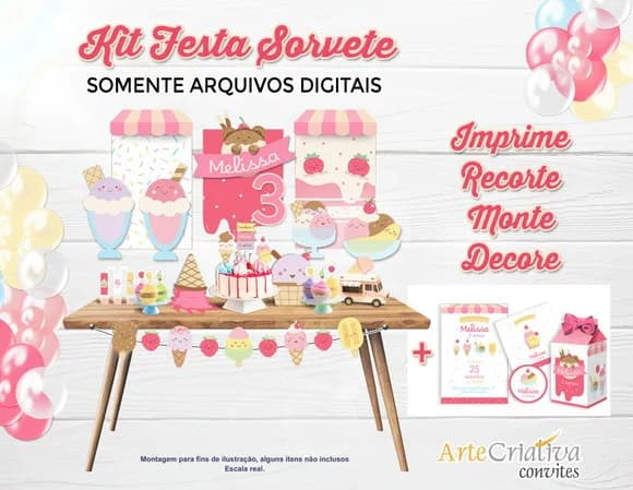 Kit Festa do Sorvete - Imprime, Recorte, Monte e Decore