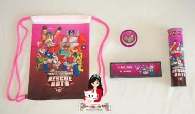 Kit Jogos na Mochila Transformers Rescue Bots Rosa