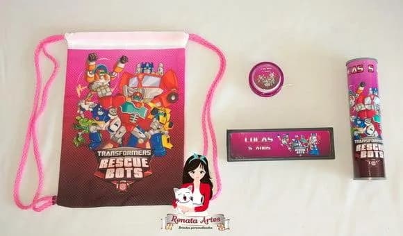 Kit Jogos na Mochila Transformers Rescue Bots Rosa