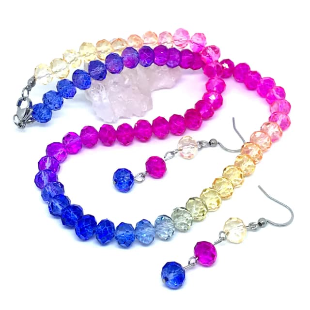 Conjunto Colar e Brincos Cristal Facetado  8 mm Tie Dye e Aço Inox