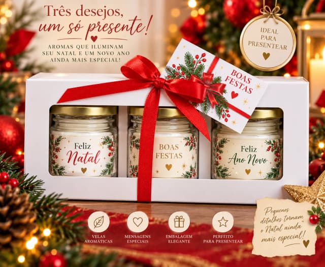 Kit Natalino com 3 Velas Aromáticas – Feliz Natal, Boas Festas e Feliz Ano Novo