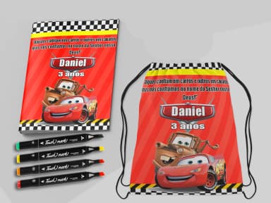 Kit Mochila e Revista de colorir para lembrancinhas dos Carros Disney