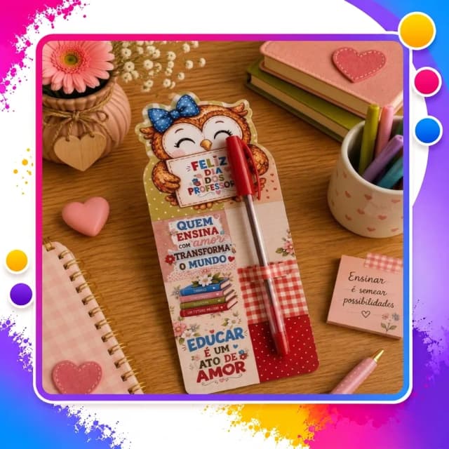 Lembrancinha para Professor com Caneta Personalizada e Marcador de Página – Coruja