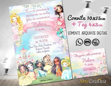 Convite Digital C/tag Princesas Disney Aquarela 2
