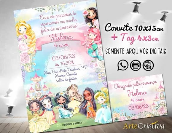 Convite Digital C/tag Princesas Disney Aquarela 2