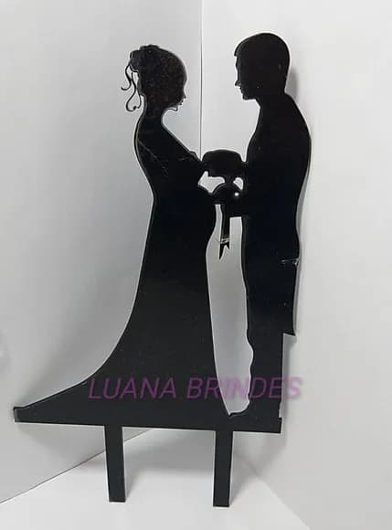 Topo de Bolo de Noivo e Noiva Grávida de Acrílico Preto