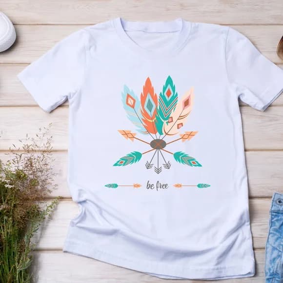 Camiseta Boho - Penas e Flechas Coloridas, Be Free