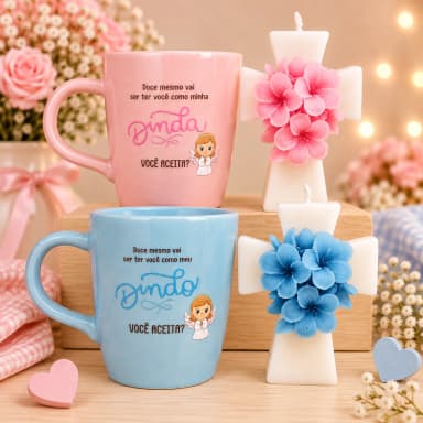 Xícara Personalizada com Vela em formato de Cruz Flor - Pedido de Madrinha e Parinho