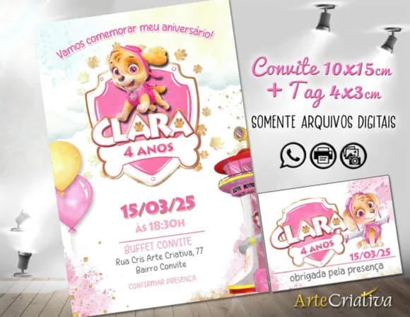 Convite Digital C/tag Patrulha Canina Skye Aquarela