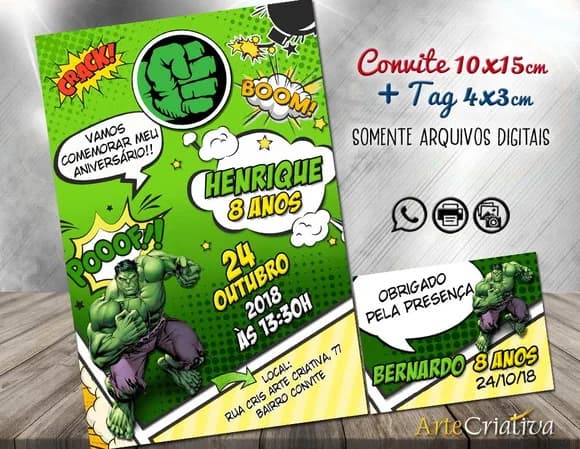 CONVITE DIGITAL C/TAG Cartoon Hulk