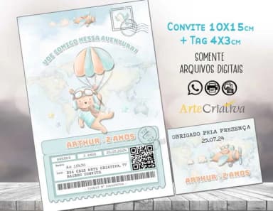 Convite Digital C/tag Ursinho Aviador Tempo Voa 2