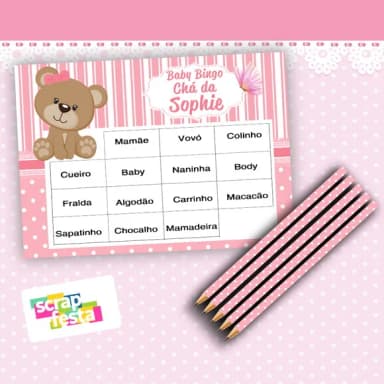 Kit Bingo + Lápis Festa Chá de Bebê Menina Ursinha