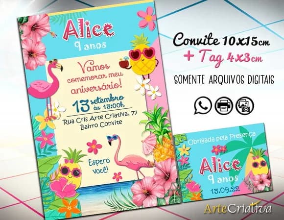 Convite Digital C/tag Flamingo Abacaxi